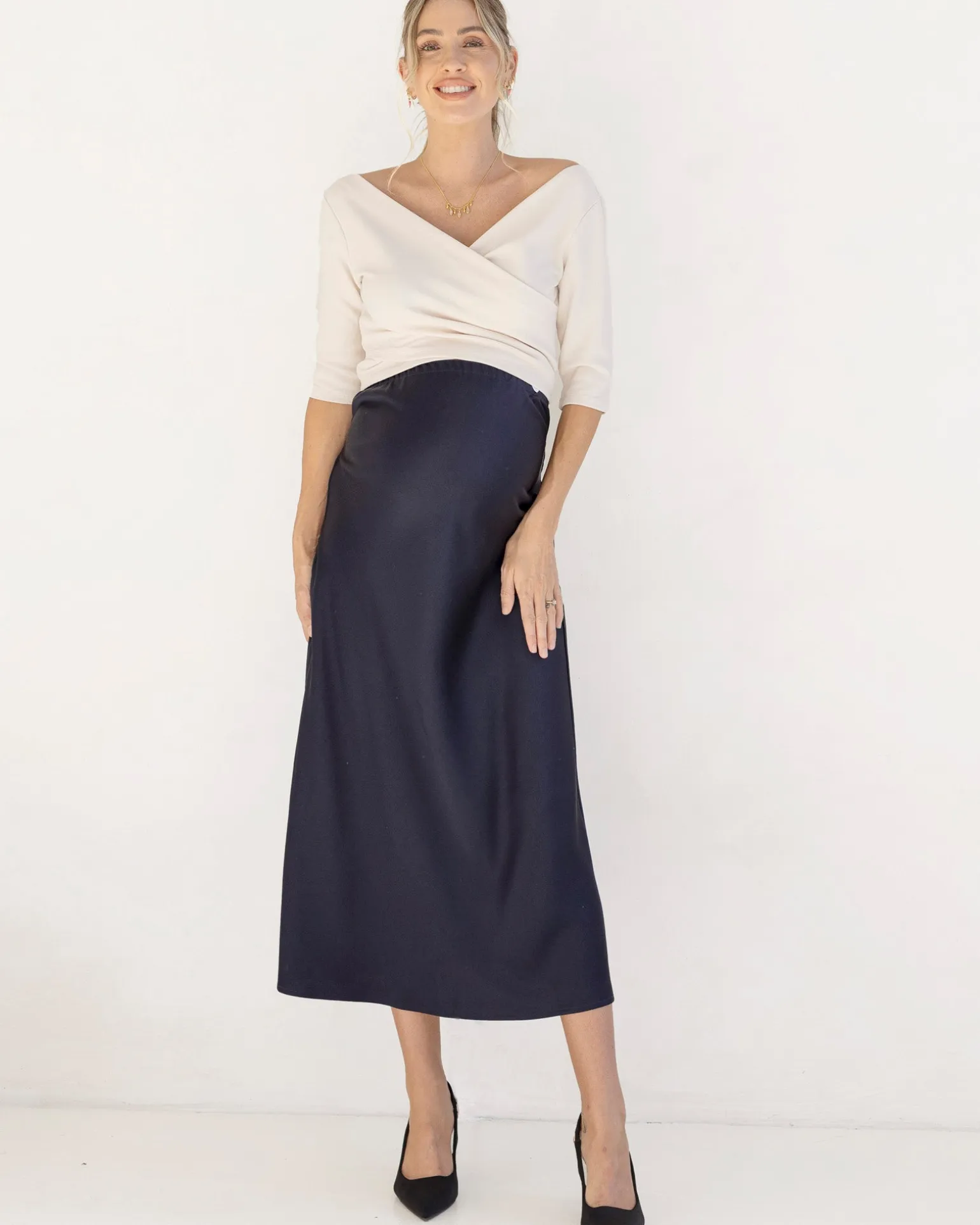 Sheena Maternity Satin-Finish Midi Work Skirt in Navy