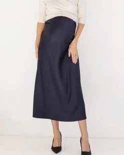 Sheena Maternity Satin-Finish Midi Work Skirt in Navy