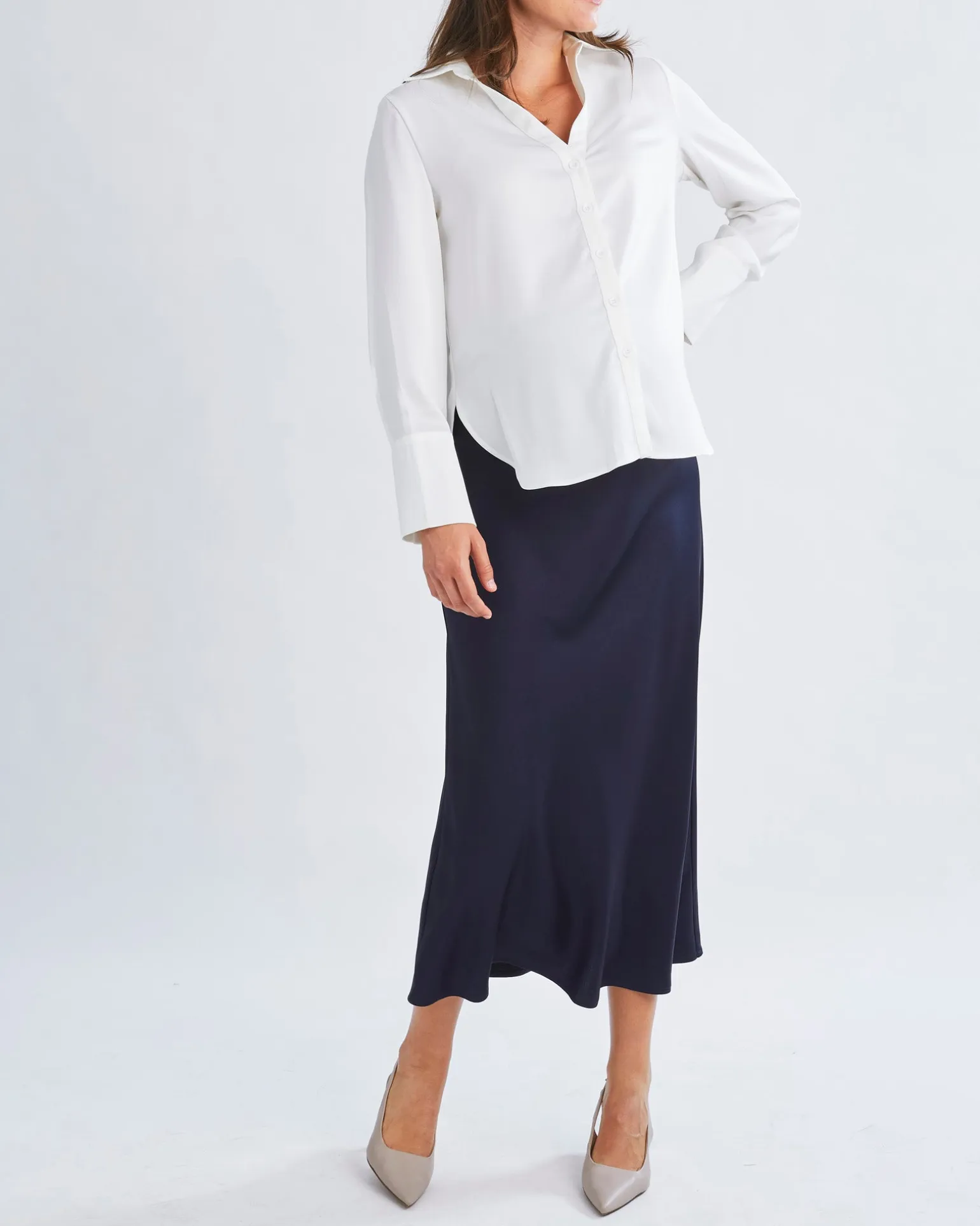 Sheena Maternity Satin-Finish Midi Work Skirt in Navy