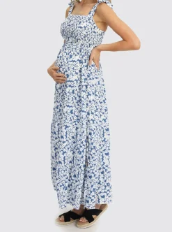Shoulder Tie Maternity Maxi Lilliana Dress in Blue Print