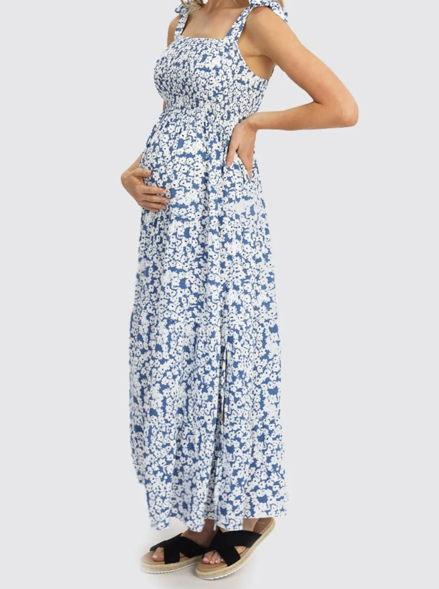 Shoulder Tie Maternity Maxi Lilliana Dress in Blue Print