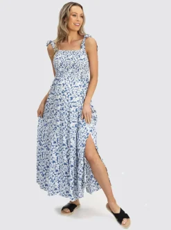 Shoulder Tie Maternity Maxi Lilliana Dress in Blue Print