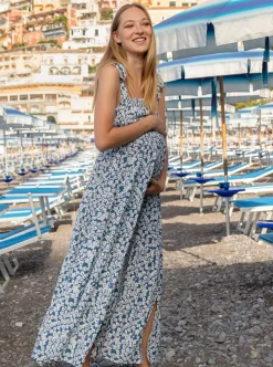 Shoulder Tie Maternity Maxi Lilliana Dress in Blue Print