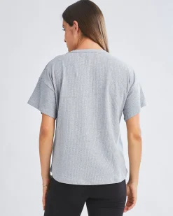 Simple Classic Ribbed Button Short Sleeve Top In Flower Grey