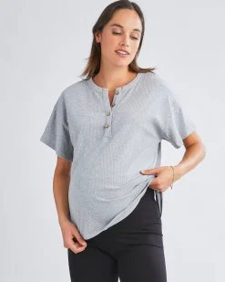 Simple Classic Ribbed Button Short Sleeve Top In Flower Grey