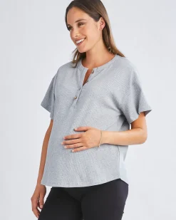 Simple Classic Ribbed Button Short Sleeve Top In Flower Grey