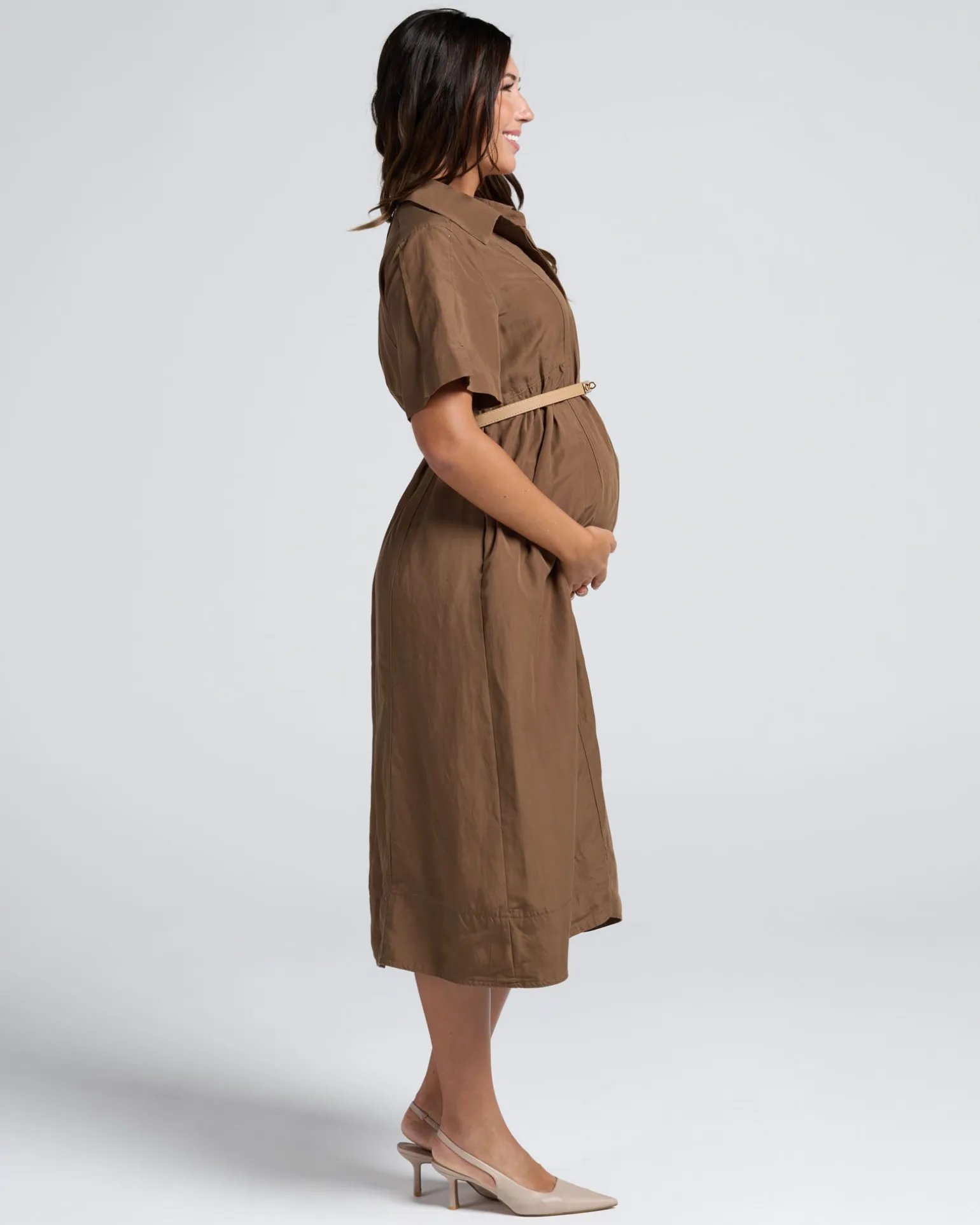 Sophia Maternity Belt Work Dress in Latte