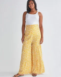 Stacie Wide Leg Maternity Ruffled Pants in Yellow Animal Print