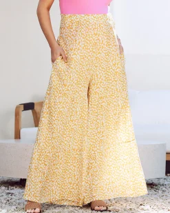 Stacie Wide Leg Maternity Ruffled Pants in Yellow Animal Print