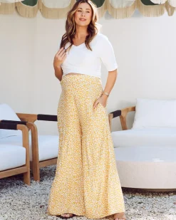 Stacie Wide Leg Maternity Ruffled Pants in Yellow Animal Print