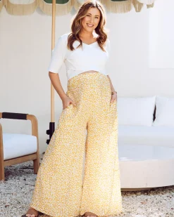 Stacie Wide Leg Maternity Ruffled Pants in Yellow Animal Print