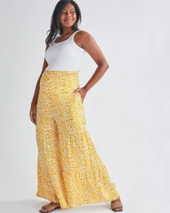 Stacie Wide Leg Maternity Ruffled Pants in Yellow Animal Print