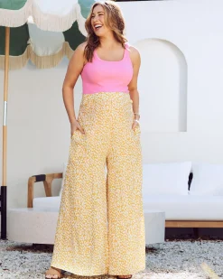 Stacie Wide Leg Maternity Ruffled Pants in Yellow Animal Print