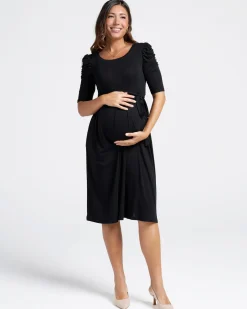 Stephanie Maternity Belt Midi Dress in Black