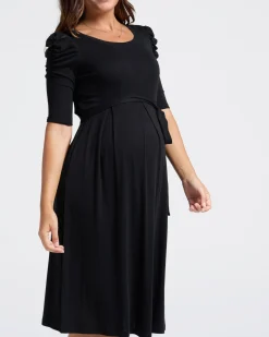Stephanie Maternity Belt Midi Dress in Black