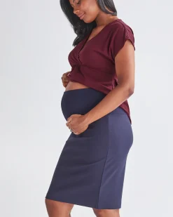 Straight Cut Ponte Pencil Navy Maternity Skirt