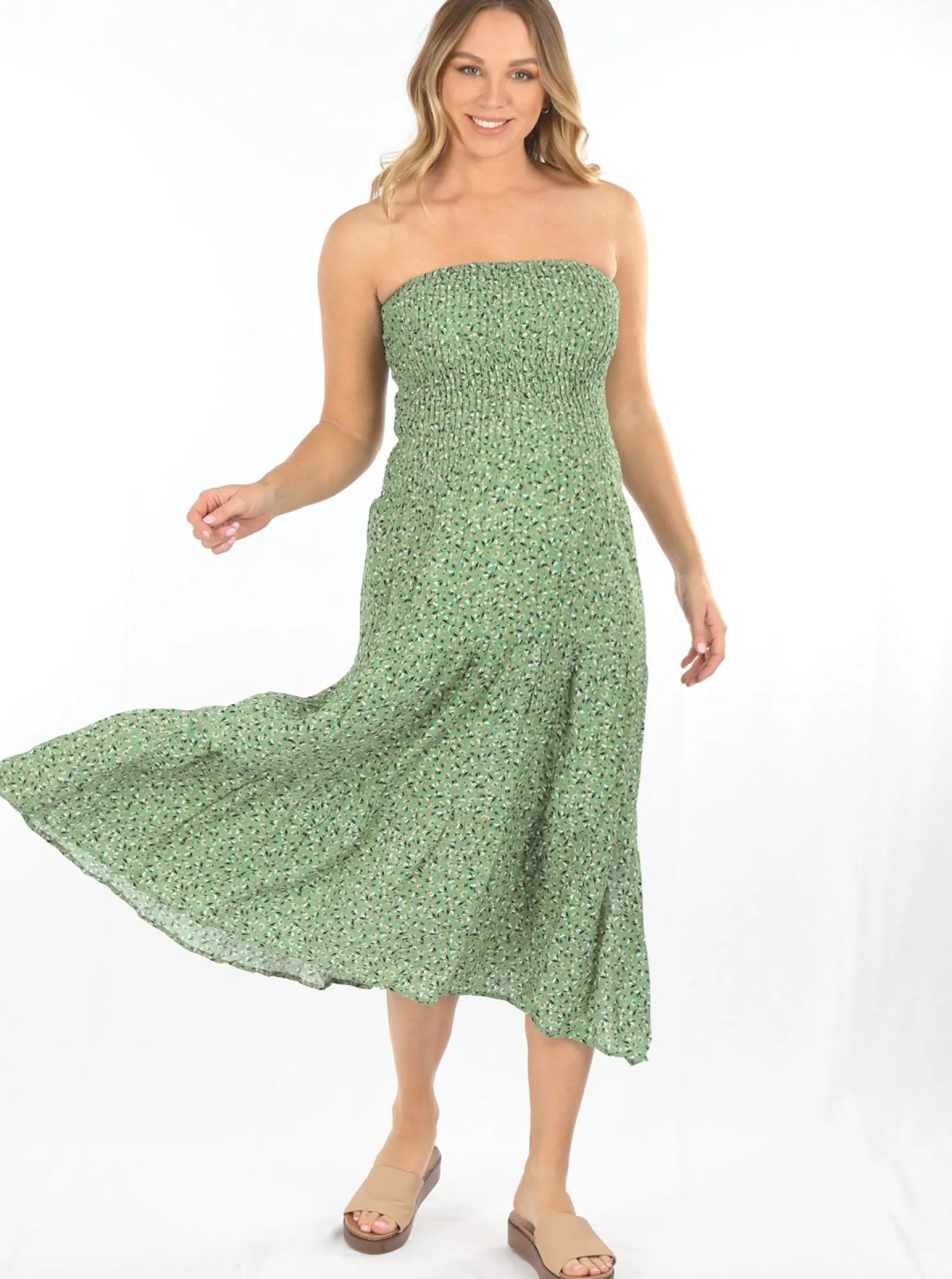 Strapless Maternity Shirred Maxi Dress in Green Floral Print