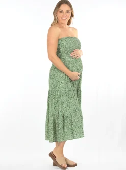 Strapless Maternity Shirred Maxi Dress in Green Floral Print