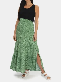 Strapless Maternity Shirred Maxi Dress in Green Floral Print