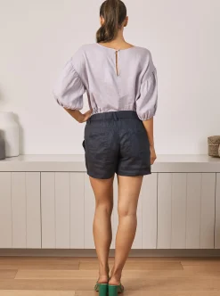 Summer Maternity Low Waist Linen Shorts in Navy
