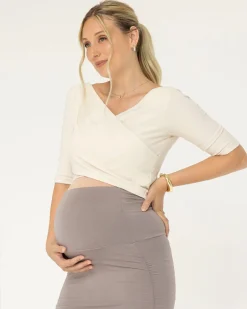 Suzie Maternity Cross Over Off Shoulder Top in Oat Milk