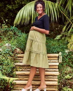 Tracy Maternity Tiered Midi Skirt in Chartreuse