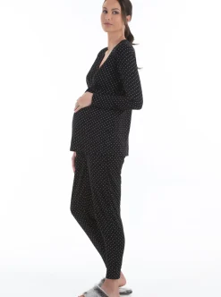 V-Neck Top and Pants Loungewear/Pajama Set - Black Polka Dot
