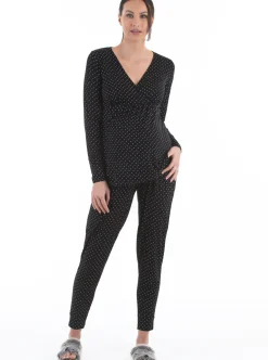 V-Neck Top and Pants Loungewear/Pajama Set - Black Polka Dot