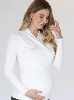 White Maternity Crossover Bamboo Long Sleeve Top