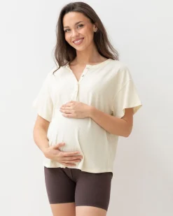 Zara Ribbed Short Sleeve Maternity Top In Almond