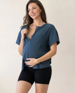 Zara Ribbed Short Sleeve Maternity Top In Slate Blue